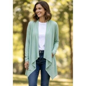 Joan Rivers Women Cardigan Size L Green Rayon Blend Open Front Stretch Sweater